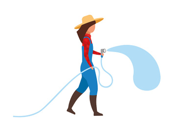 Female farmer with garden hose semi flat color vector character preview picture