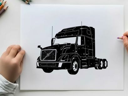 Silhouette of a large volvo semi truck on a white background