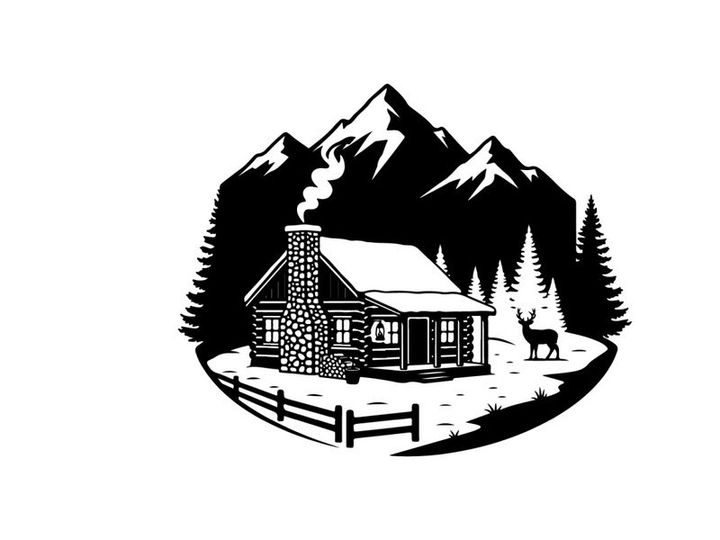 Cozy cabin silhouette in snowy mountain forest landscape