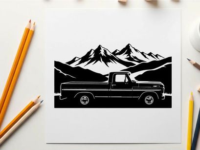 Silhouette of a pickup truck in front of majestic mountains silhouette