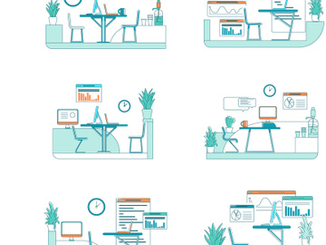 Office interior flat color vector scene set preview picture