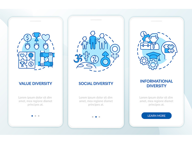 Top management diversity types onboarding mobile app page screen with concepts