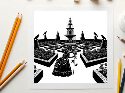 Silhouette of a woman in a mysterious garden with a fountain and ravens