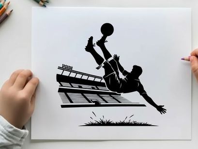 Soccer player silhouette kicking ball in mid air motion