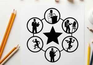 Silhouette of people in various professions around a star