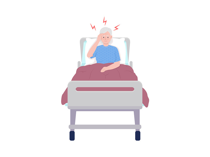 Old woman suffering from headache in hospital semi flat color vector character