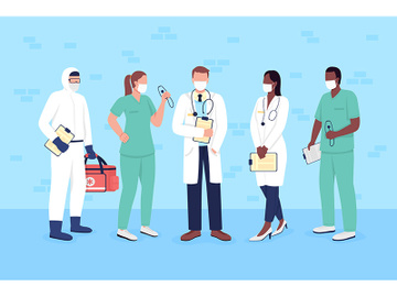Doctors and nurses in medical masks flat color vector faceless characters set preview picture