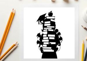 Silhouette of a person with books and graduation caps