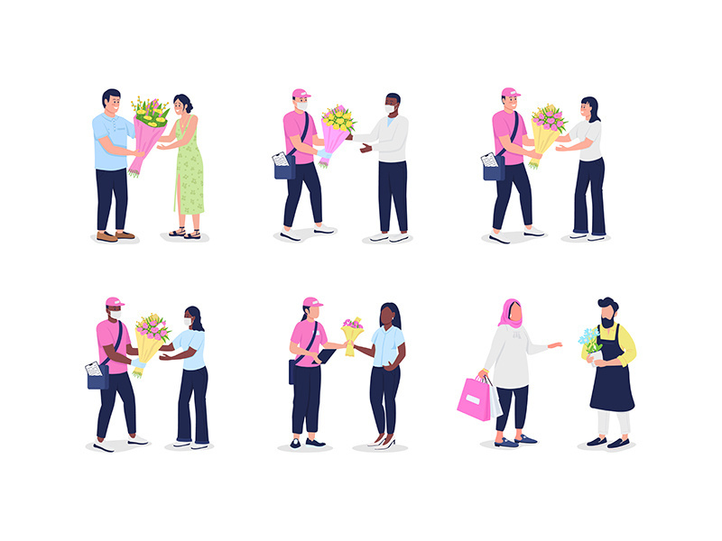 Flower delivery couriers with customers flat color vector detailed and faceless character set