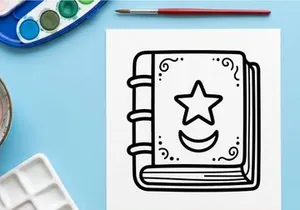 Hand-drawn Halloween open book with smiling star. Vintage spooky sketch of magical grimoire featuring cheerful glowing symbol.