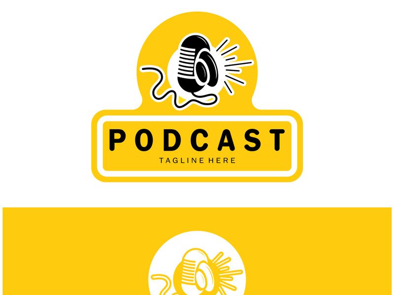 podcast logo with microphone and earphone audio, radio waves. for studio, talk show, chat, information sharing, interview, multimedia and web.