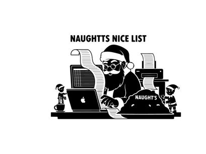 Santa claus checking naughty list on computer silhouette style image