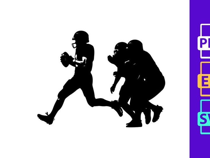 American football player running with ball while being tackled by opponents
