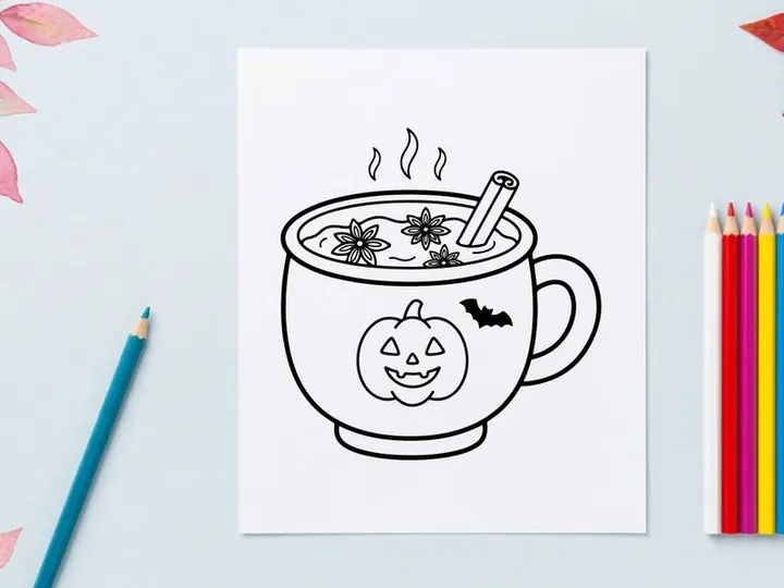 Halloween pumpkin mug with hot drink and spoon steaming. Cozy autumn jack-o-lantern ceramic cup filled with warm beverage for festive celebration.
