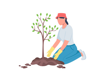 Woman planting tree flat color vector faceless character preview picture