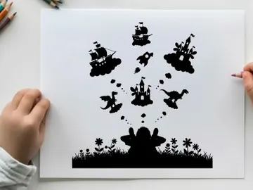 Whimsical silhouette of fantasy creatures and ships in the air preview picture