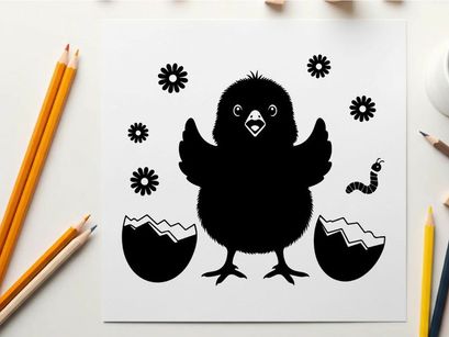 Black silhouette bird hatching from eggs with flowers and worm