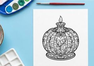 Elegant vintage perfume bottle with candle on top. Ornate glass container featuring intricate floral engravings and decorative lid for luxury home...