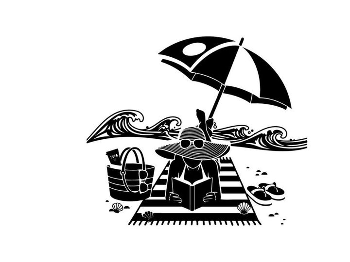 Beach scene silhouette with umbrella and beach bag