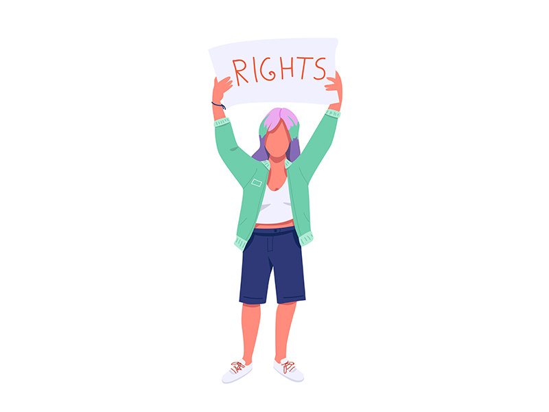 Female protester with placard flat color vector faceless character