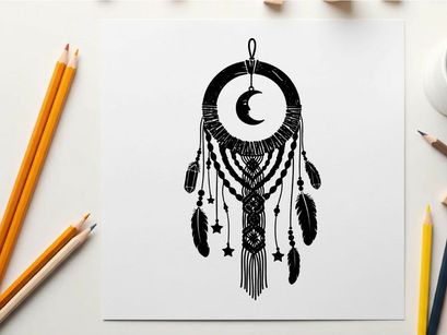 Silhouette dreamcatcher with crescent moon and feathers silhouette