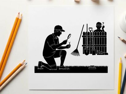 Silhouette of a man kneeling with gardening tools nearby silhouette