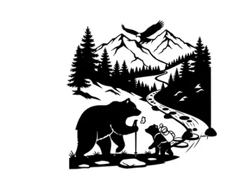 Silhouette of bear and child in mountainous landscape with eagle preview picture