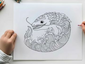 Mythical koi fish swimming waves ancient art vector illustration preview picture