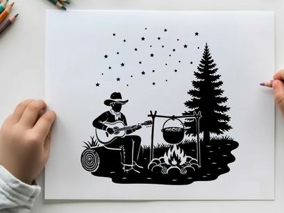 Silhouette of a man playing guitar by campfire silhouette