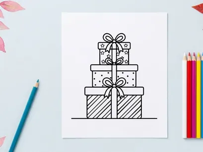 Stack of Christmas gift boxes with bows, black and white line art illustration.