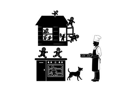 Silhouette of a chef baking gingerbread men in a house