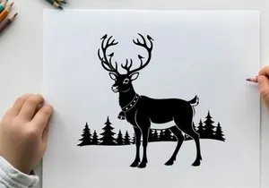 Reindeer silhouette with antlers and christmas bell collar outdoors