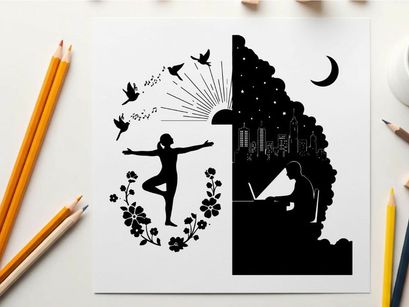 Silhouette of a dancer and a pianist in contrasting environments silhouette