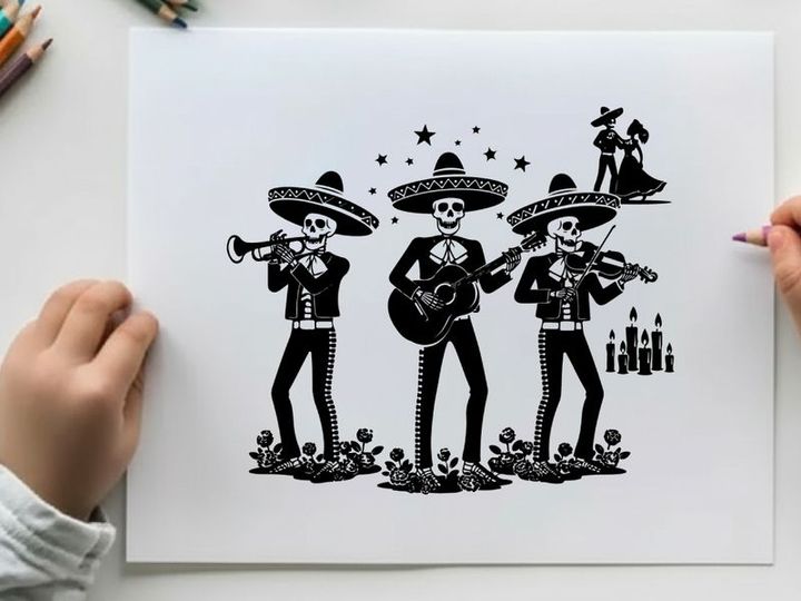 Day of the dead mariachi skeleton silhouette artwork