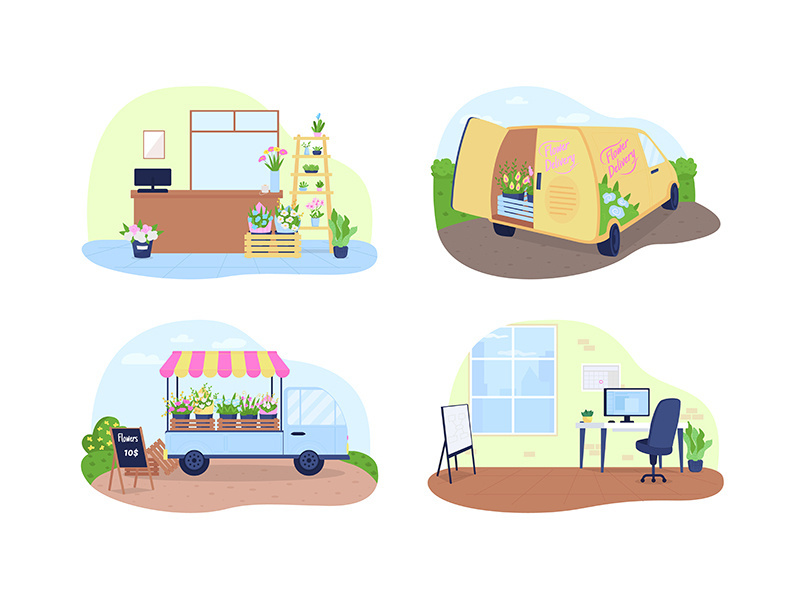 Flower shop, floral delivery service 2D vector web banner, poster set