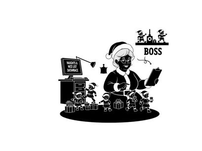 Silhouette of a santa claus like figure as a boss with silhouette city