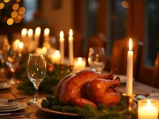 A warm, candlelit Thanksgiving dinner is staged beautifully .