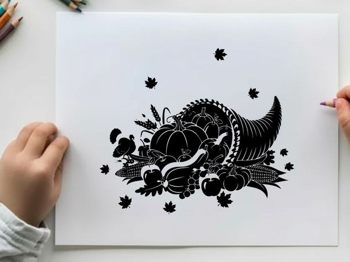 Silhouette of a cornucopia with fruits and leaves