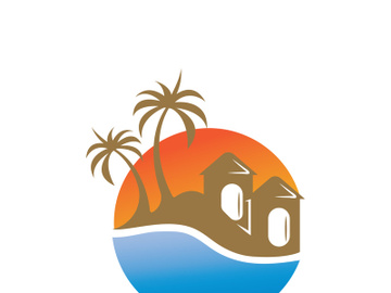 Minimalist icon sunset beach house logo design template preview picture