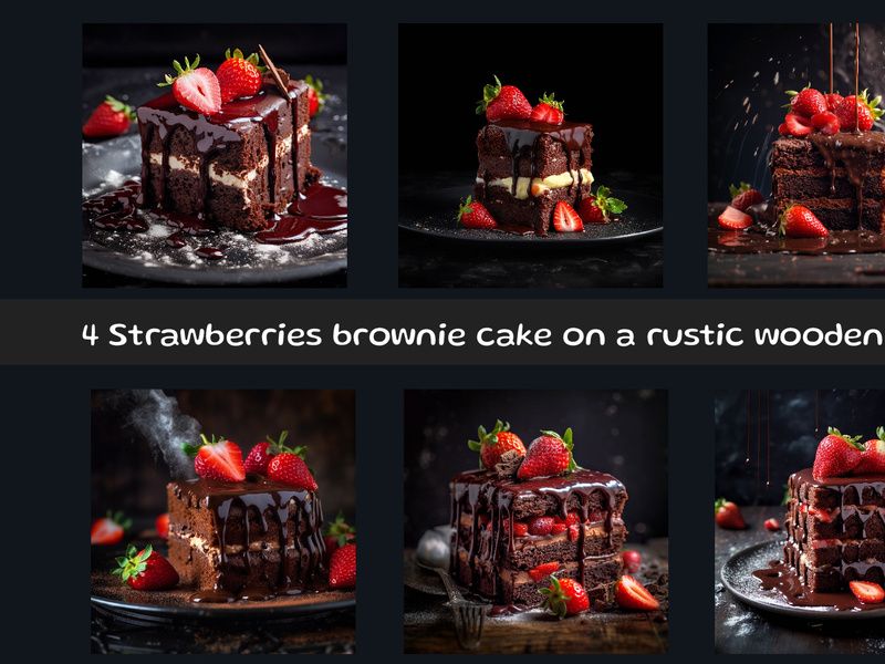 Strawberries brownie cake on a rustic wooden table