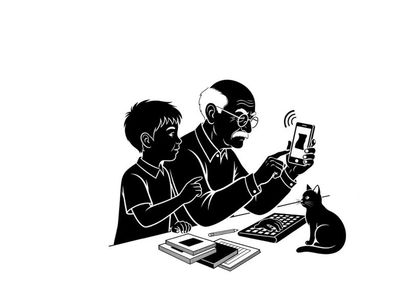 Silhouette of a man and child with cat looking at smartphone