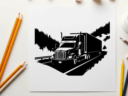 Semi truck silhouette driving on highway through mountains