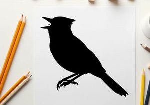 Bird silhouette singing with open beak on white background