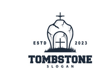 Tombstone Logo, Tomb Cemetery Cross, Vector Vintage Label, Retro Badge, Inspirational Design