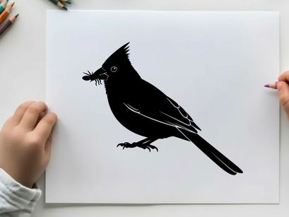 Silhouette of a cardinal bird with a bug in its beak