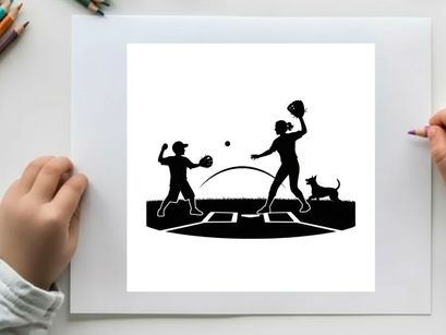 Silhouette of two people playing catch with dog on tennis court