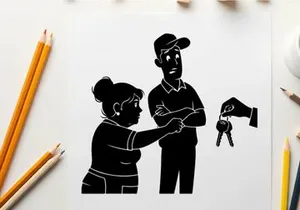 Silhouette of a woman handing keys to a concerned man