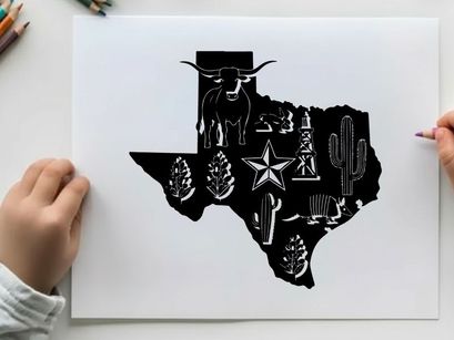 Texas silhouette with various iconic symbols and a star