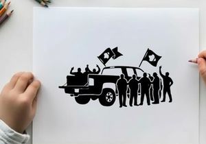 Silhouette of people with flags standing next to a truck