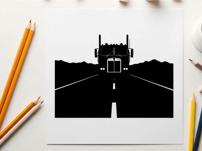 Silhouette of a semi truck driving on a deserted highway at night